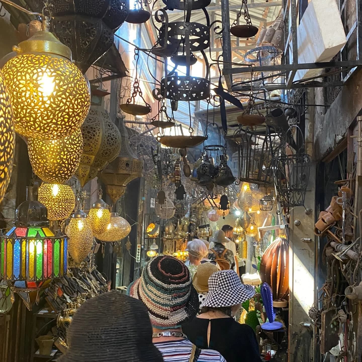 Metal lanterns and hanging lamps in a Marrakech souk