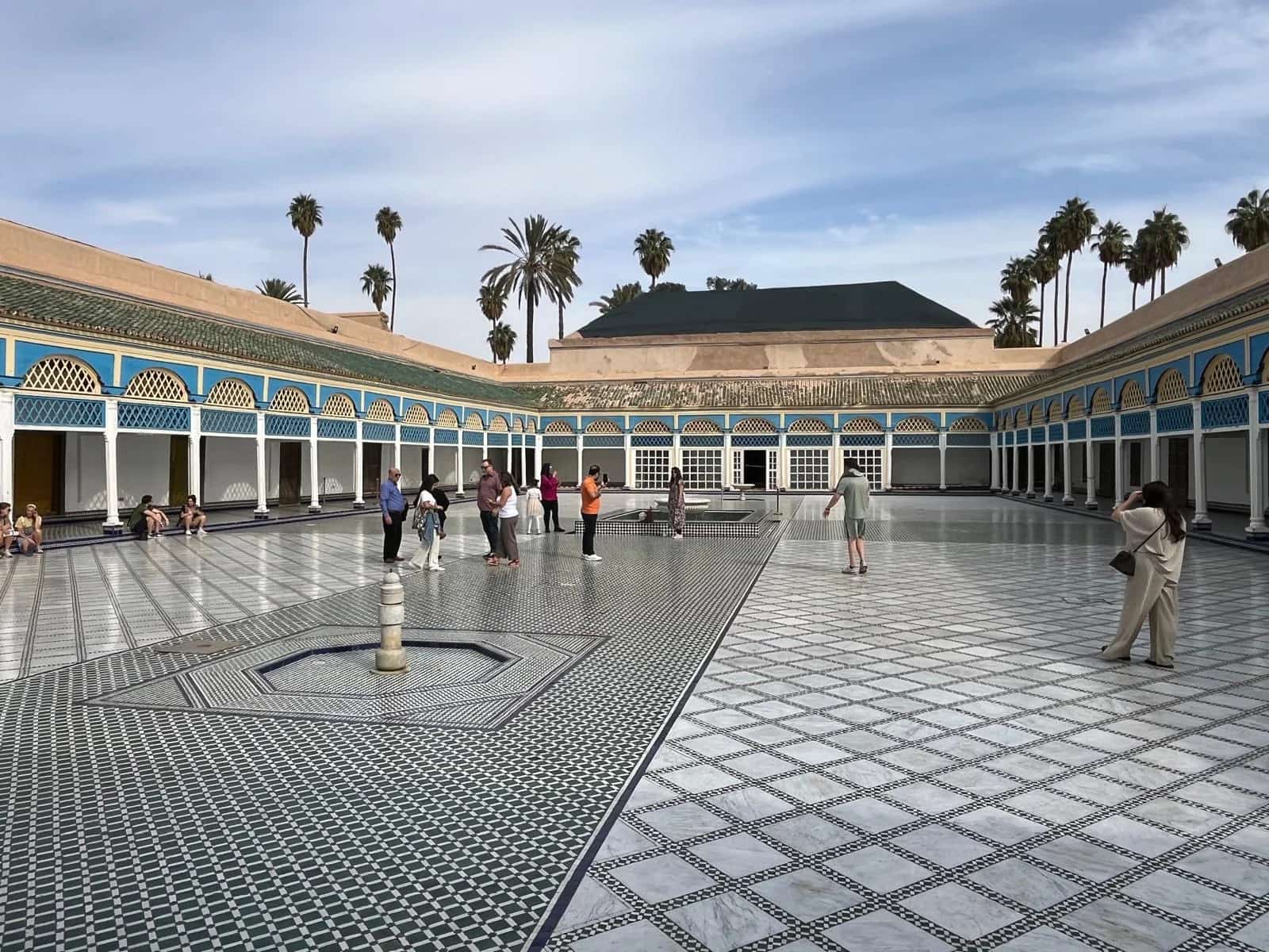 Tiled courtyard and painted arcades at Bahia Palace in Marrakech